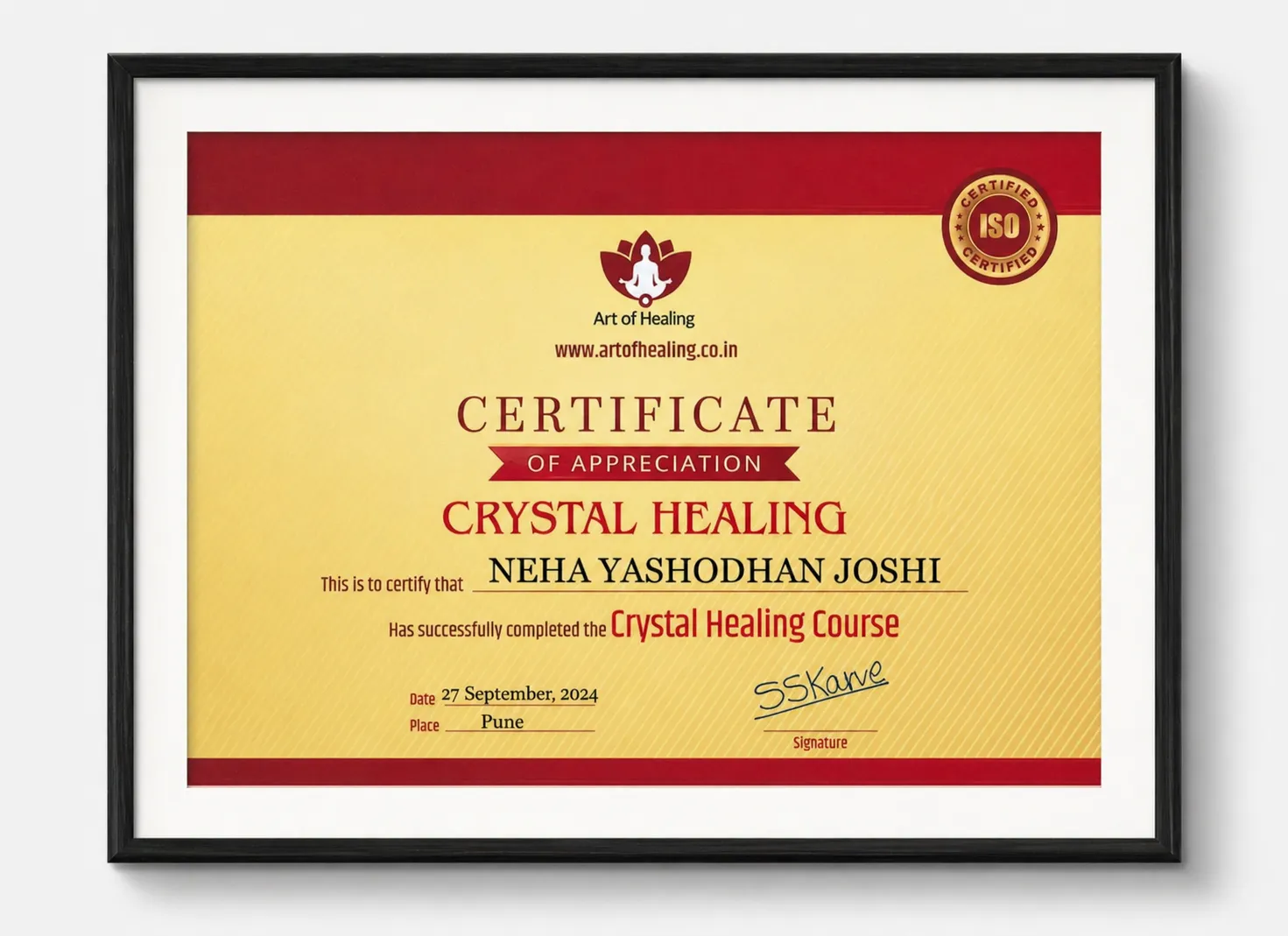 Certificate of Crystal Healing — Neha Joshi